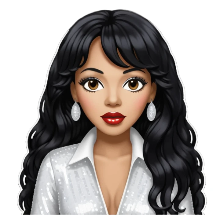 Donna Summer with long jet black hair, white sequin outfit  sticker