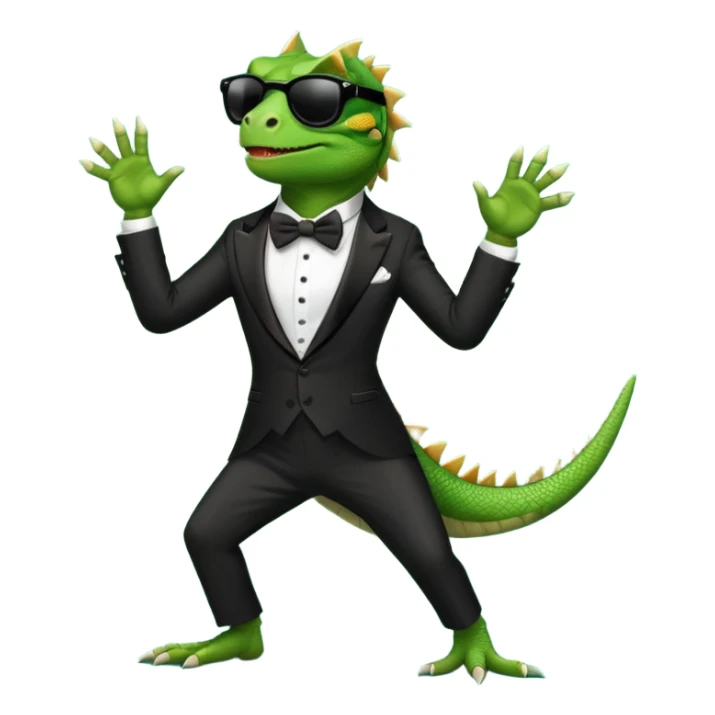 capitalist iguana in tuxedo and black sunglasses dancing sticker