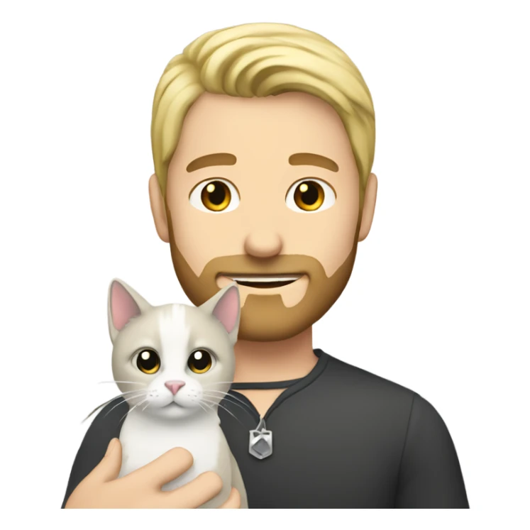 Blonde haired man with a black beard holding a white and gray cat sticker