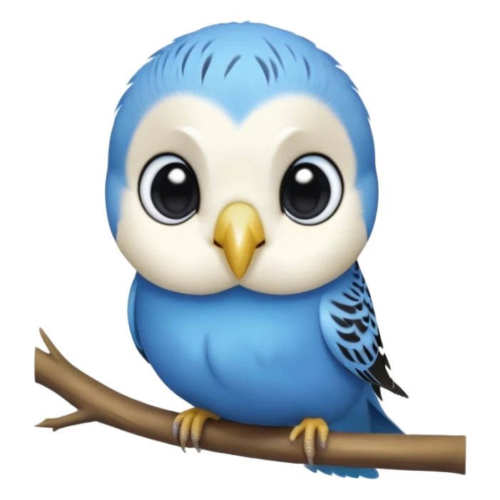 cinematic-cute-blue-budgie-portrait-emoji,-head-tilted-playfully-and-inquisitively,-featuring-a-brilliant-blue-feathered-fur-and white and black face-with-a-natural-sheen,-round,-sparkling-dark-eyes-filled-with-curiosity,-simplified-yet-irresistibly-adorable sticker