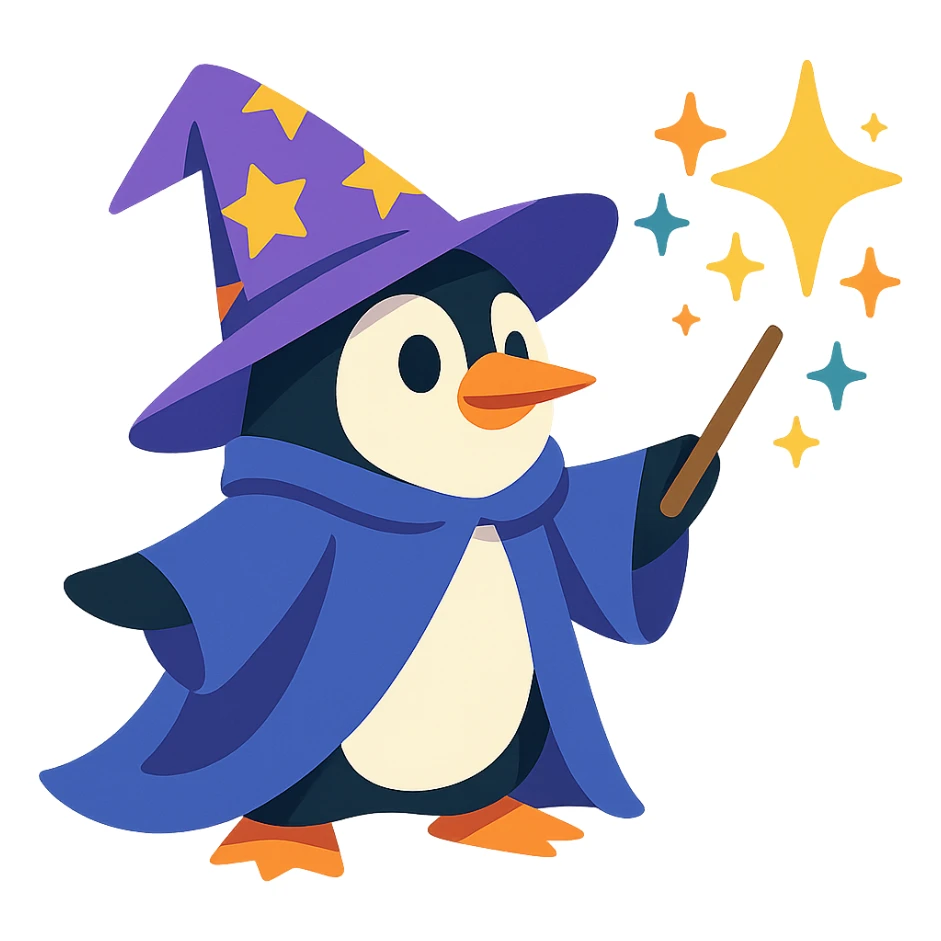 penguin wizard casting a spell with sparkles, whimsical cartoon style sticker