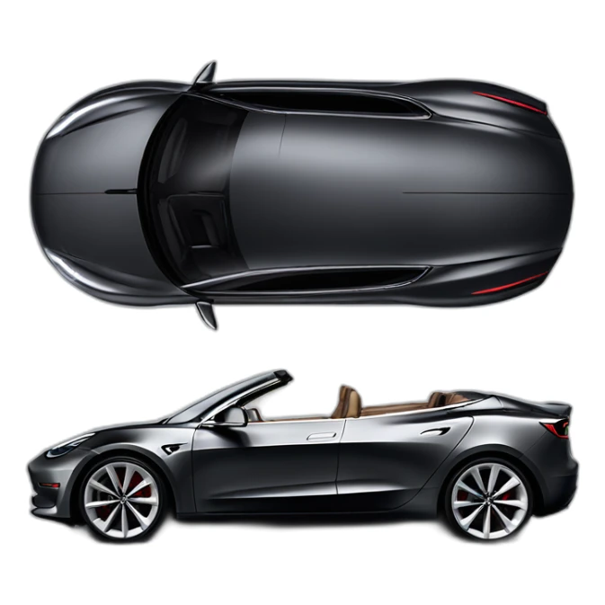 Hyper realistic, open top, black, drak grey upholstery, Tesla Model 3 Performance, left side view sticker