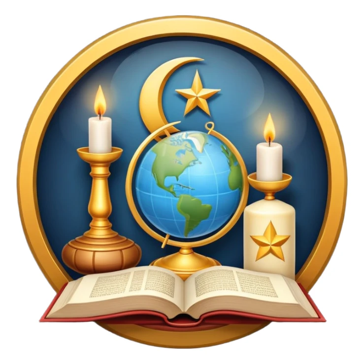 An icon featuring a holy book, a candle, a cross, and Islamic crescent and star, alongside a Buddhist wheel of Dharma, symbolizing religious studies. The design includes a globe with these symbols, representing the diversity of beliefs. Transparent background  sticker