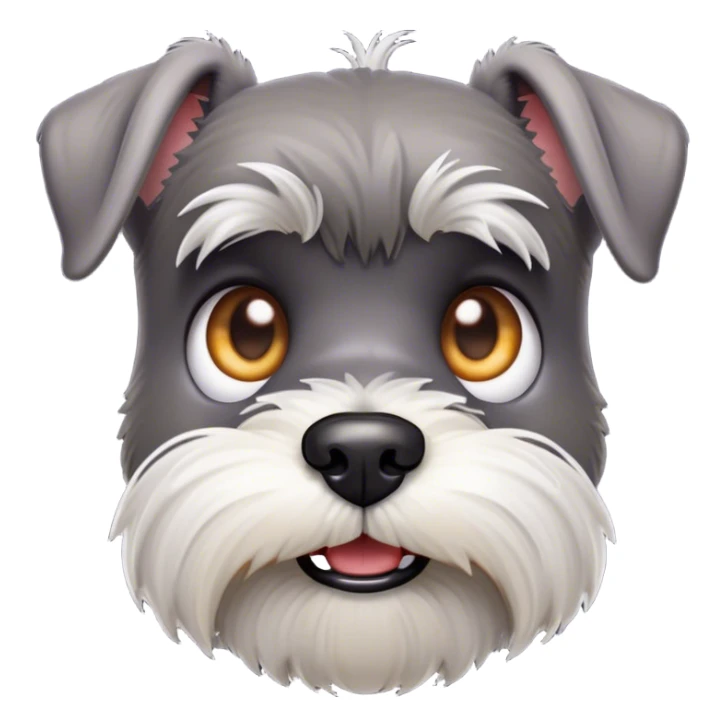 Cinematic Comical Miniature Schnauzer Portrait Emoji, Head tilted dramatically with a comically shocked expression and large, animated eyes, featuring a sharply defined salt-and-pepper fur with exaggerated, humorous eyebrows, simplified yet hilariously detailed, glowing with a bold, playful radiance, high shine, exuding a spirited and cheeky charm, styled with a soft glowing outline, capturing the essence of a Miniature Schnauzer that appears ready to dash into a burst of comic energy! sticker