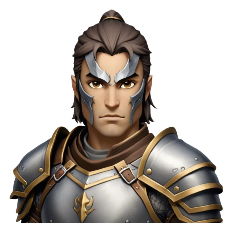 Cinematic Realistic WoW Human Warrior Portrait, head tilted epicly and inquisitively, showcasing a commanding presence and heroic grace. His chiseled features, resolute eyes, and meticulously crafted steel armor with leather accents in harmonious greys and bronzes are rendered with lifelike clarity and dramatic lighting, high shine, epic and awe-inspiring, embodying the spirit of a warrior poised for battle. sticker