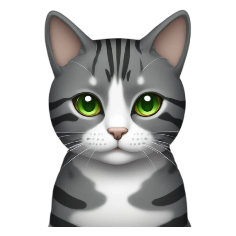 Chubby Striped dark grey female cat with Green eyes and white chest sticker