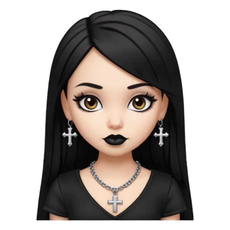 generate a pretty bratz girl in black goth top, black lipstick, black eyeliner, dark brown eyes. Dark brown hair straight long. wearing a silver cross necklace sticker
