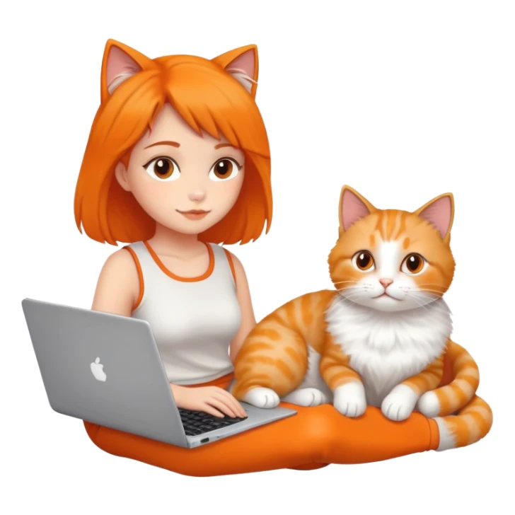 A girl is working on a laptop with a cat lying next to it sticker