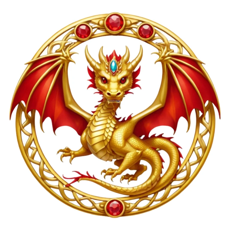 Golden Dragon with wings crest/brosch in a circle with red gems sticker