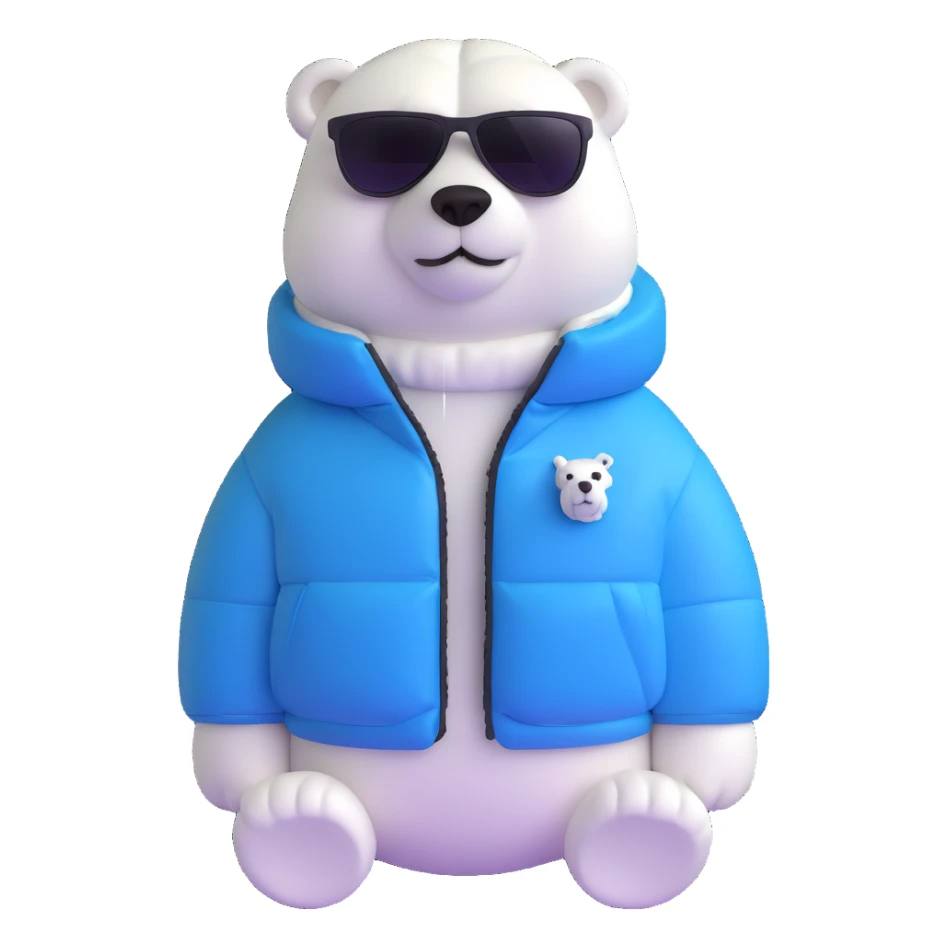 polar bear wearing a white puffer jacket and sunglasses  sticker