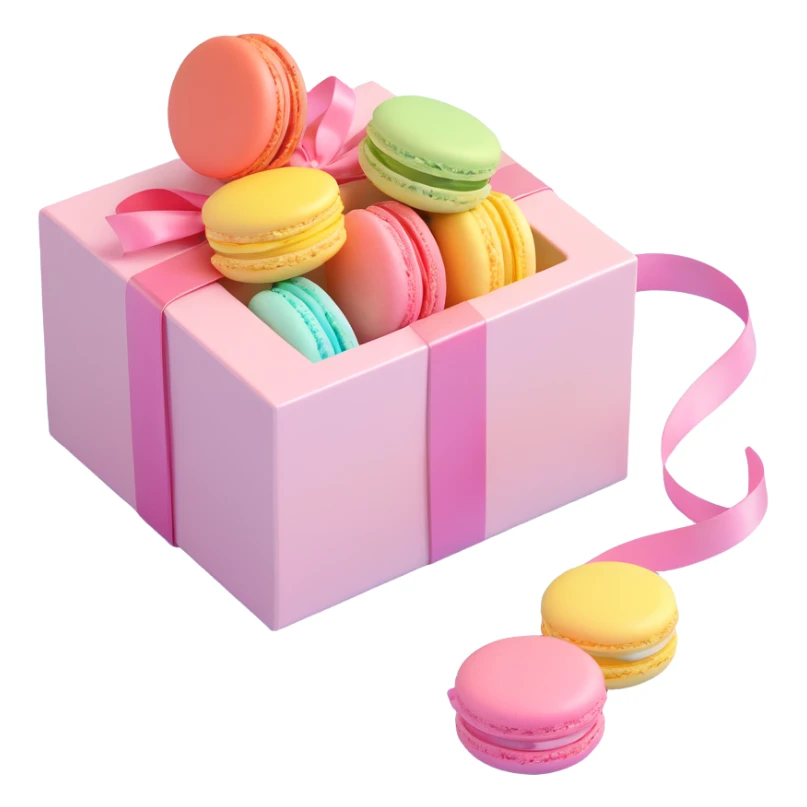 macaron box with ribbon, glossy finish, cute and festive, pastel color palette, iOS 3D emoji style sticker