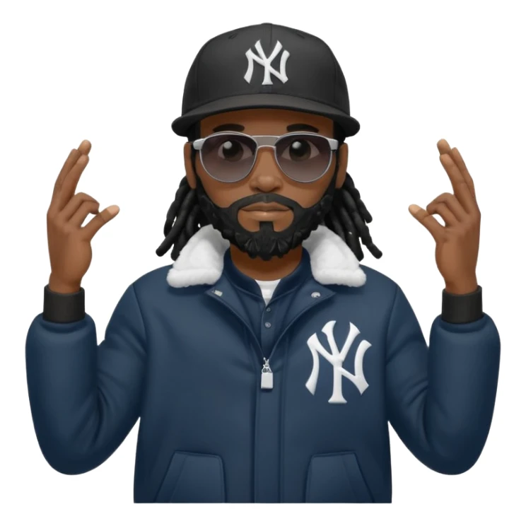 African American man with shoulder length black dreadlocks with black beard wearing black sunglasses wearing a New York Yankees logo baseball cap wearing a all dark black bubble winter coat flexing arms sticker