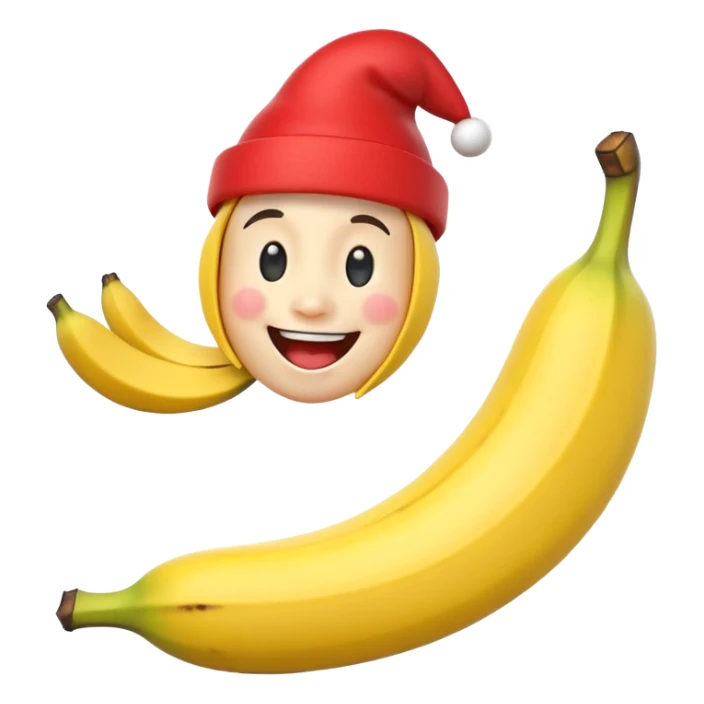A 3D cartoon banana with a red nose and tiny hat, smiling face, playful pose, Memoji-style. sticker