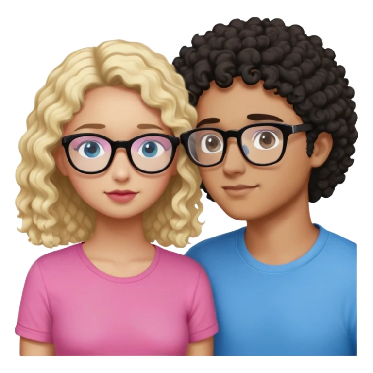 intimate moment between lovers, boy he has, blonde hair black glasses and blue eyes and a black shirt, Girl with a mixed skin tone, she has dark brown curly hair, pink glasses, and a pink shirt sticker