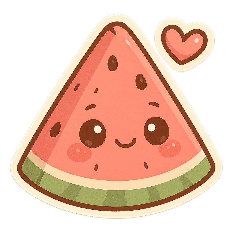 chibi sticker-style watermelon slice with a heart accent, cute and exaggerated sticker