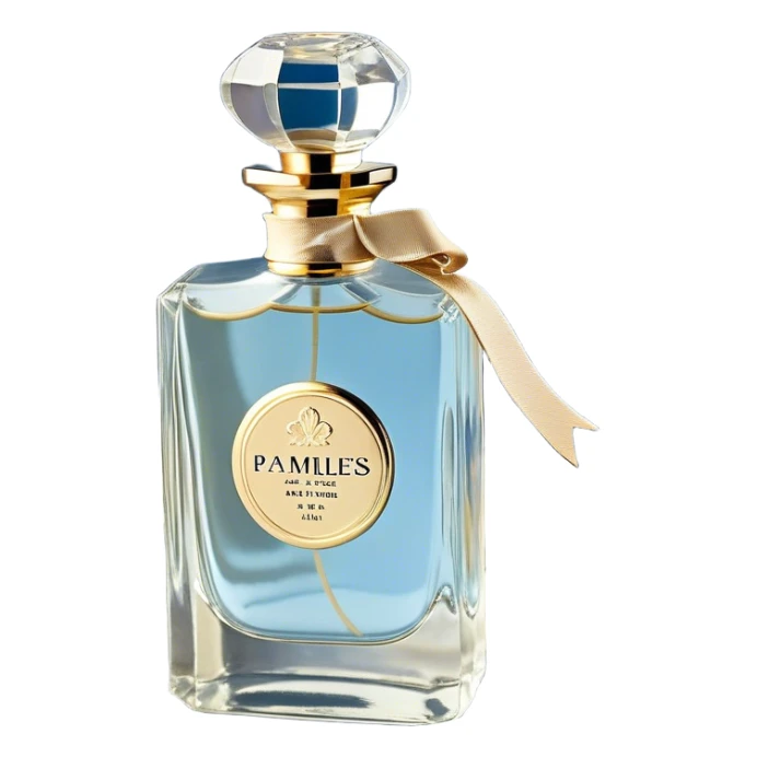 gainst a powdery blue silk backdrop, a vintage crystal perfume bottle with delicate gold filigree detailing catches the soft glow of the morning light. A silken ivory ribbon, loosely tied around its slender neck, cascades onto the fabric, creating soft folds. Scattered around the bottle, pale blue and creamy white pansies rest gently, their petals carrying hints of pearl-like shimmer. A few stray petals, kissed by the golden light, add a touch of delicate imperfection, evoking a sense of quiet romance. sticker