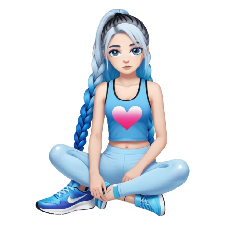 Broken hearted-Female-very very very large chest-texting on a samsung cell phone-very long straight braided black to sky blue hair ombre-blue eyes-black eyeliner-long eyelashes-iridescent low cut tank top with glitte logo-white leggings-nike high top sneakers sticker