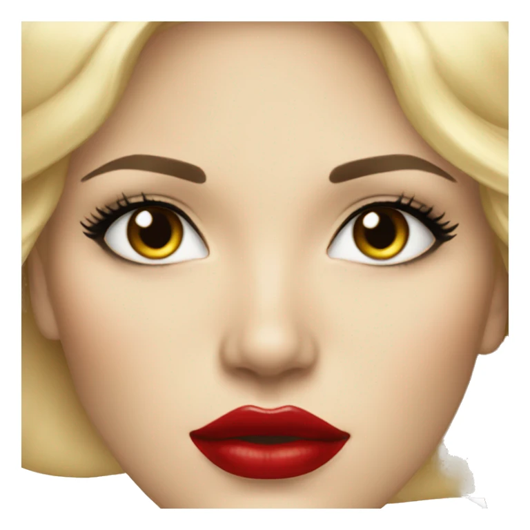 Blonde hair, mature female, black eyeliners, full lips, red lips sticker