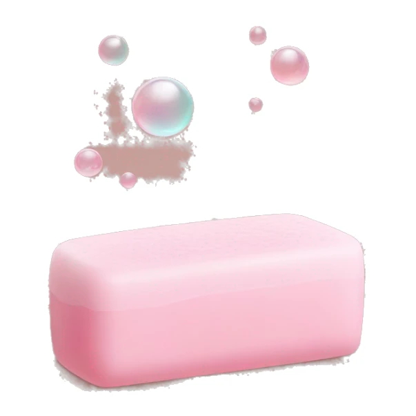 Light pink soap bar sitting on a soap holder, with soap bubbles  sticker