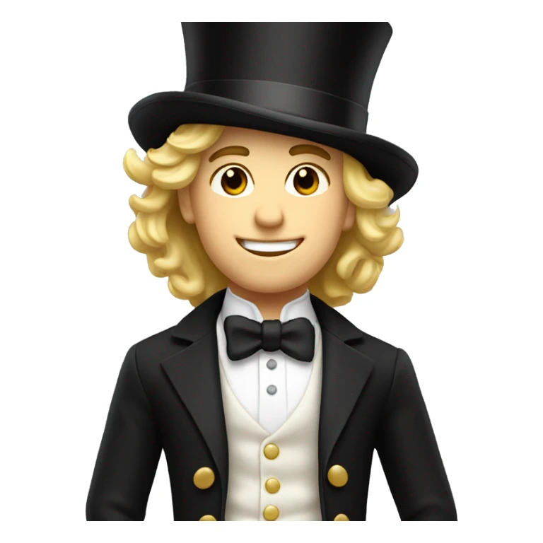 Young man with lively blond hair, colorful elegant in black with top hat sticker