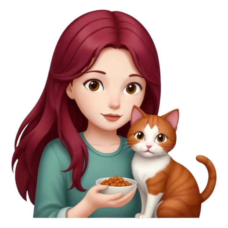 Beautiful, long, burgundy haired girl, feeding cat sticker