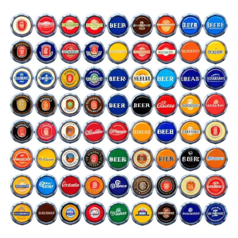 Icon for Beer Cap Collecting: a collection of colorful beer caps from different brands, arranged neatly on a table or in a display case. The icon should reflect the variety and charm of beer cap collecting. Transparent background. sticker