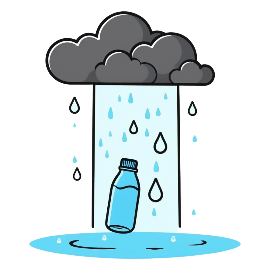 A black cloud and white small water bottles are falling out of it like raindrops sticker
