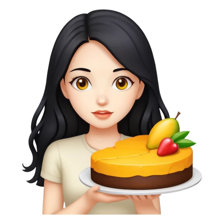 Beautiful girl with long black hair holding mango cake sticker