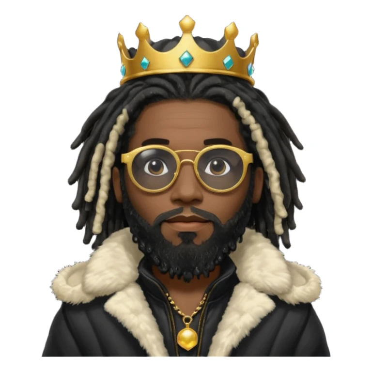 African American man with beardwith shoulder length black dreadlocks wearing black sunglasses with black bubble winter coat weariring a crown on his head sticker