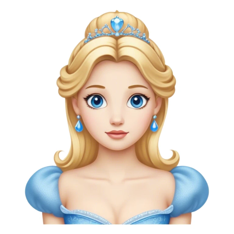 Cinematic Realistic Comical Cinderella Portrait, with every detail rendered realistically—from the soft, smooth texture of her fair skin to her artfully styled golden-blonde hair. Her bright blue eyes are wide with playful disbelief, and her expression carries a touch of whimsical humor while retaining elegant poise. Her classic ball gown, detailed with rich fabric textures and natural shadows, catches the light in a way that blends refined beauty with a hint of cheeky mischief, creating a striking, lifelike portrayal. sticker