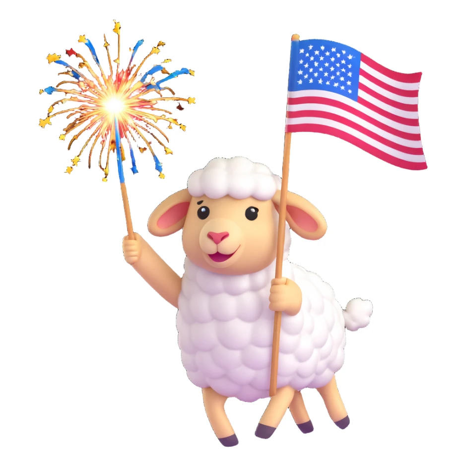 sheep emoji jumping with joy, holding an American flag, fireworks bursting behind sticker