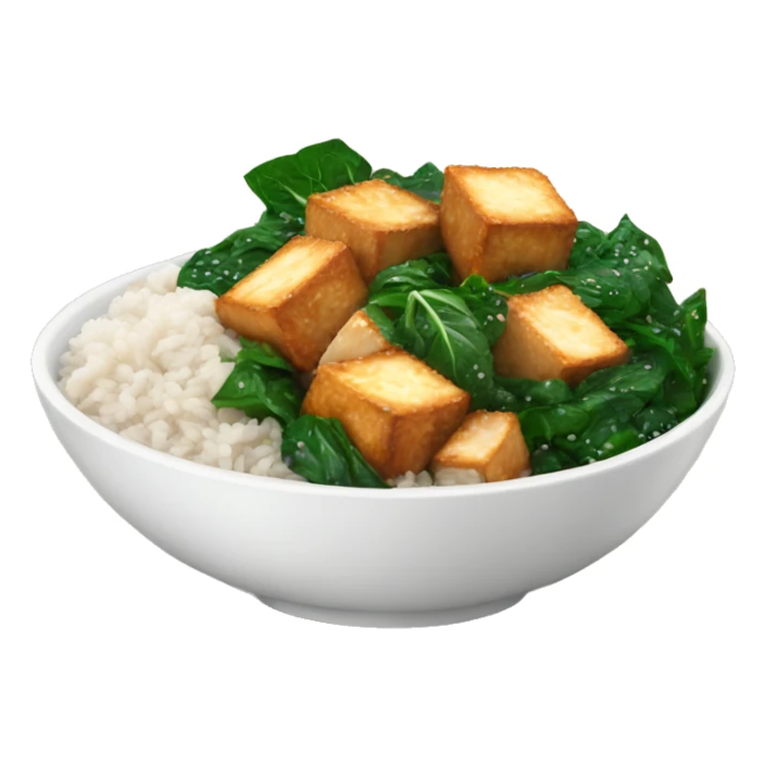 a bowl with white rice and crispy sesame tofu and spinach sticker