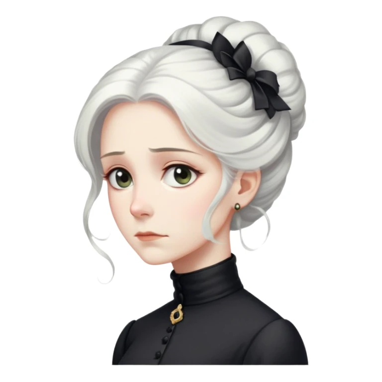A Victorian woman with elegant coiffed white hair and light eyes wearing a modest unaccessorized black turtleneck mourning dress looking down with a forlorn expression sticker