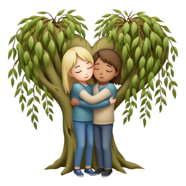 heart-shaped weeping willow tree surrounding two friends hugging in a comforting way, supportive embrace, with small heart symbol sticker