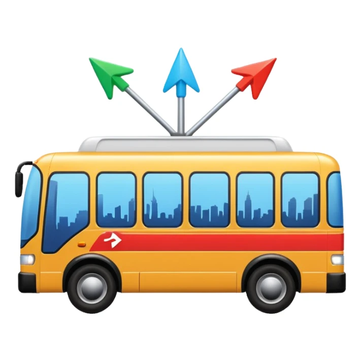 modern bus at a slight angle with three colorful arrows pointing to city icons, no skyline sticker