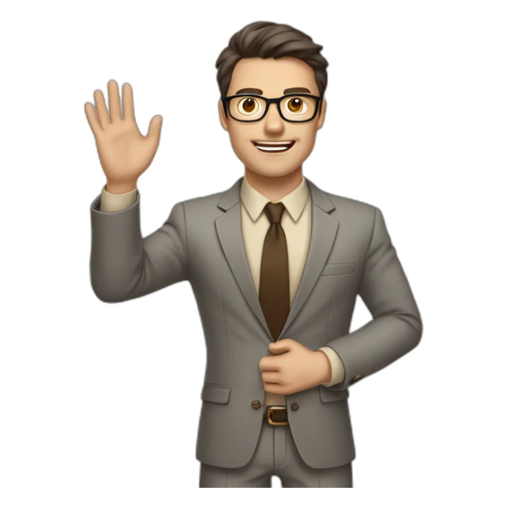 To belt Actively gesturing with hands Pale skinned fit man with dark brown hair in gray jacket, beige office shirt, brown tie, brown pants and vintage glasses. sticker