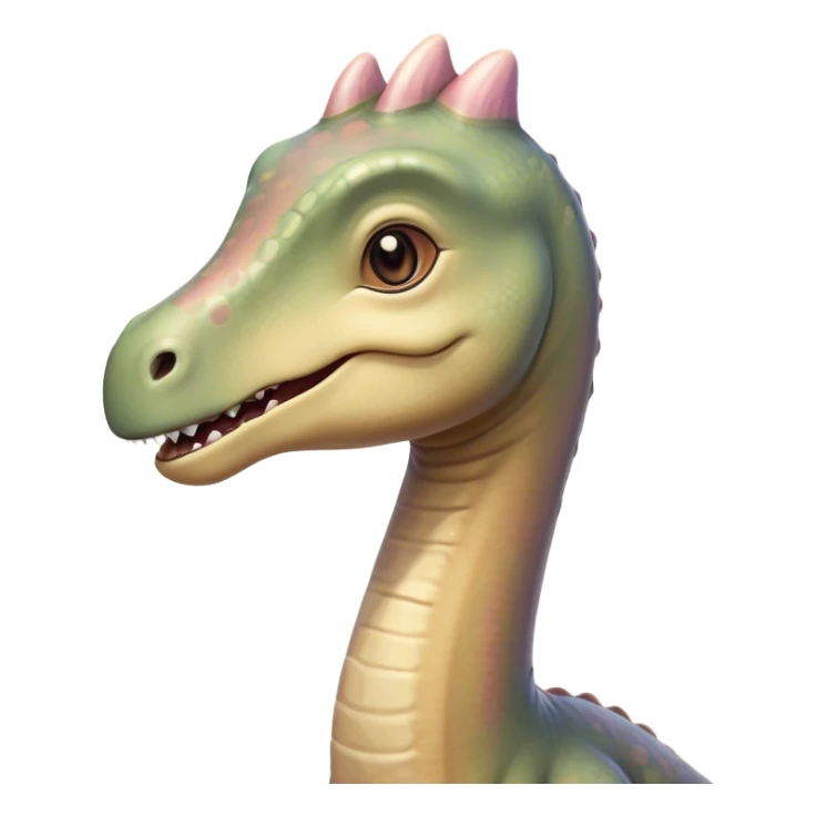 Cinematic Cute Brachiosaurus Portrait Emoji, Head tilted playfully with a warm, endearing smile, featuring a diminutive, almost whimsical head atop an impressively long neck and a sturdy, gentle body, adorned in soft, pastel earthy hues, Simplified yet irresistibly adorable features, highly detailed, glowing with a tender, inviting glow, high shine, affectionate and lively, stylized with a touch of prehistoric whimsy, soft glowing outline, capturing the essence of a playful Brachiosaurus that seems as if it could amble out of the screen into your arms! sticker