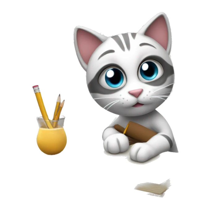 cartoon cat Auzuki doing homework using a big pencil in his paw. sticker