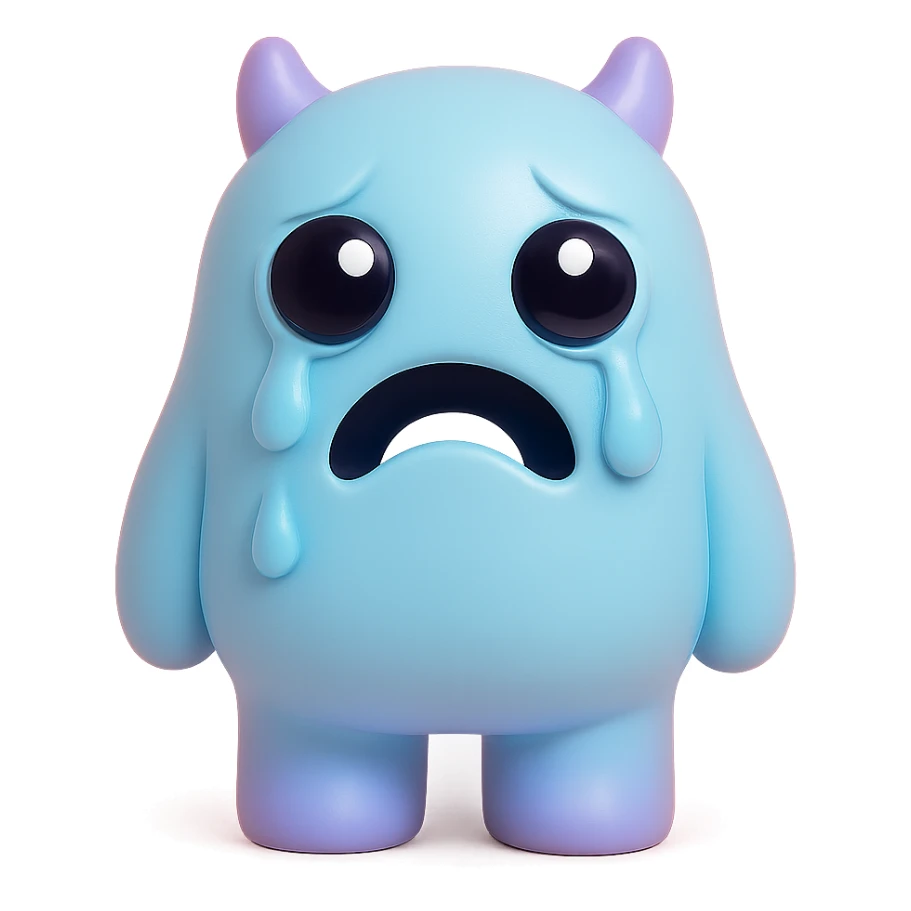 monster with big teary eyes, drooping mouth, tears streaming down its face, soft blue and purple colors, toy-like vinyl figure style sticker
