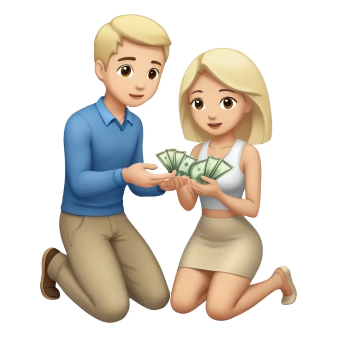 Man on knees woman standing handing her money sticker