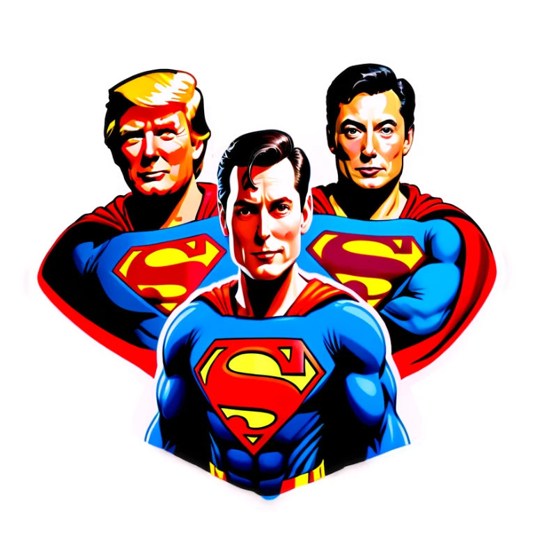 Donal trump as Superman with a with Elon musk as robin sticker