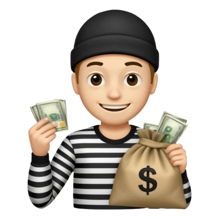 A robber with a black and white shirt with a bag of money  sticker