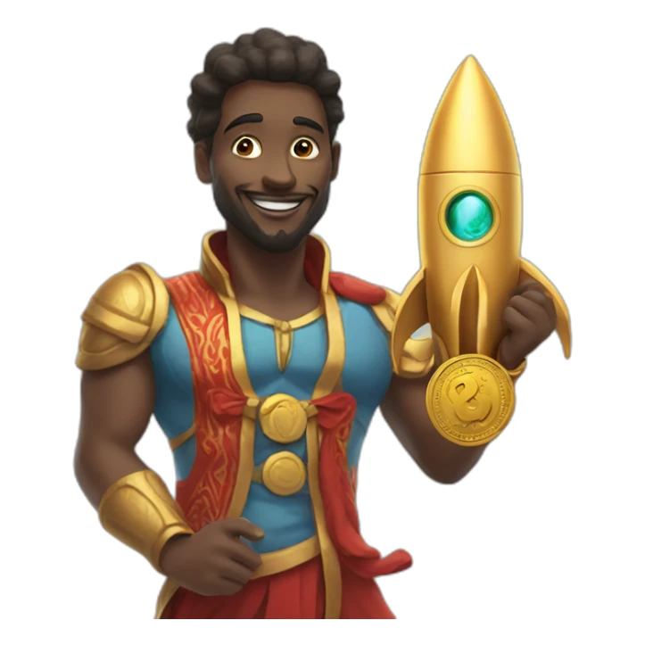genie with a unnamed coin in his hand on a rocket sticker