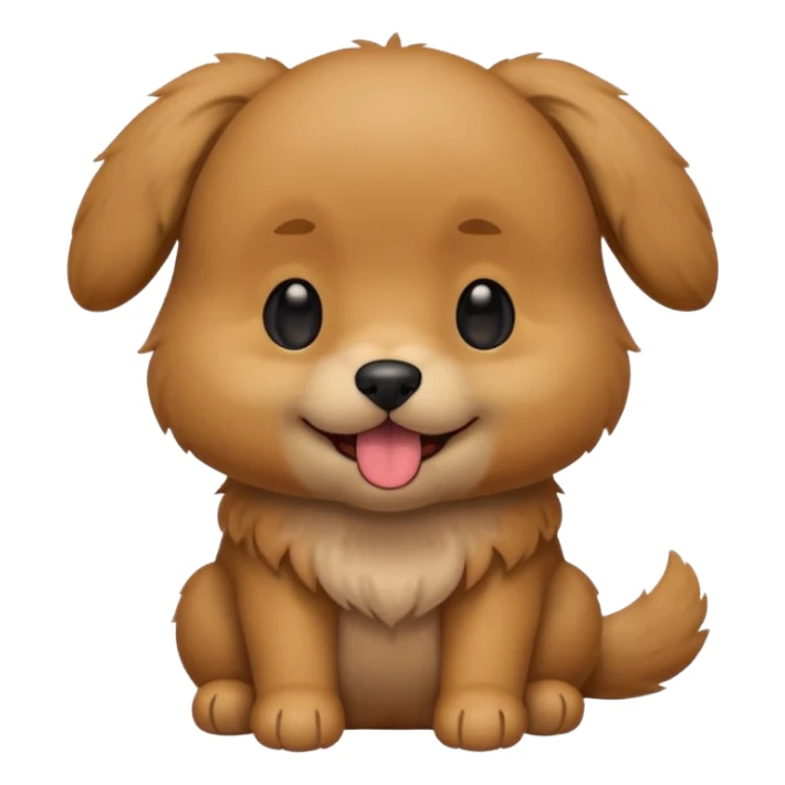 Cute small brown fluffy dog emoji icon. Round face, short muzzle, light brown fur with slightly darker ears, small black nose, happy smiling expression with tongue out. Soft friendly eyes, sitting pose with front paws together. Simple clean vector style, minimal details, kawaii style. sticker