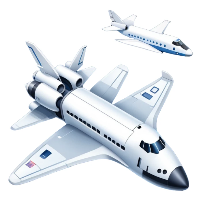 An icon featuring a space shuttle and an airplane against a starry sky, symbolizing aerospace technology. The design includes rocket boosters and satellite orbits, representing the exploration of space and advanced aviation. Transparent background sticker