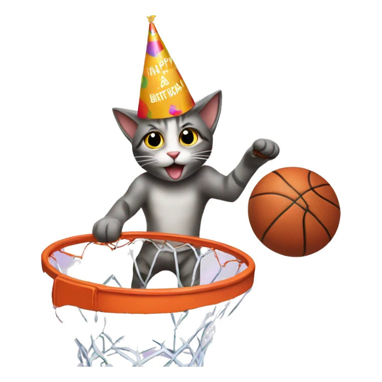 cat wearing a birthday hat dunking a basketball sticker