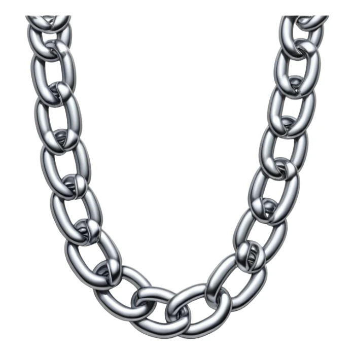 A thick luxury chain emoji made of liquid silver chrome, smooth rounded links, glossy metallic reflections, heavy swag aesthetic, minimalistic iOS emoji style, centered, clean white background sticker