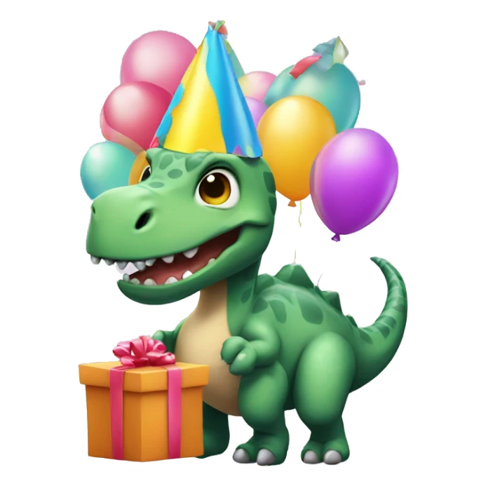 Dinosaur with a birthday hat and a presents and a baloons sticker