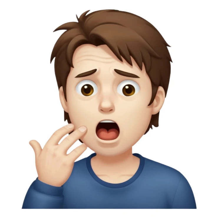 Weak man with disheveled hair, large dark circles under his eyes, and yawning sticker