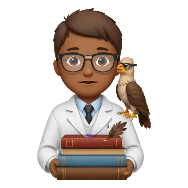 Wise grif with glasses, wearing a lab coat, perched on a stack of books. sticker